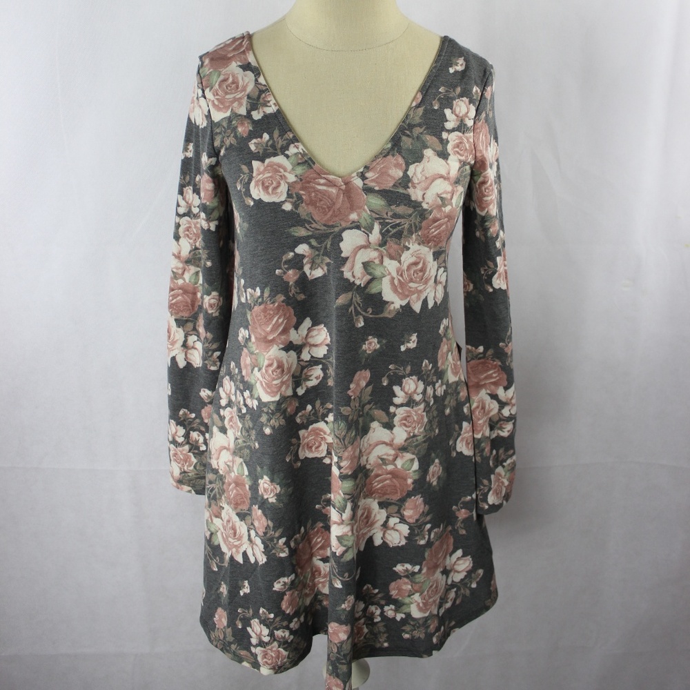 BCX Juniors Printed Lace-Back Dress Grey Floral M - Picture 2 of 3